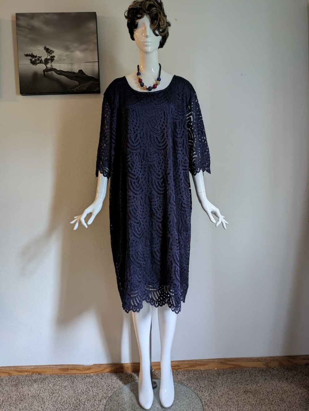 Chicwe Navy Blue Lace Scalloped Hem Midi Dress Size 4X Plus Size Cocktail